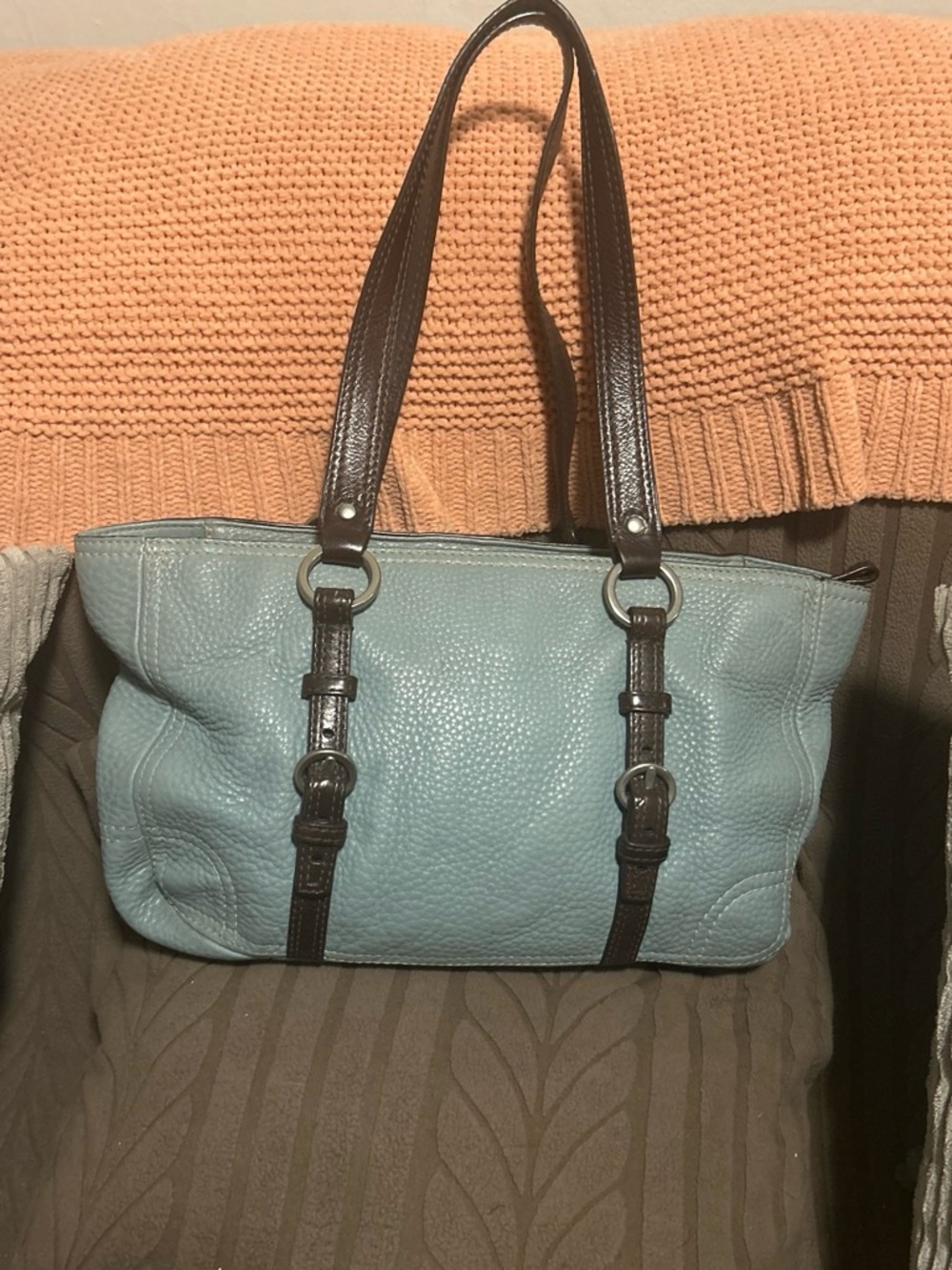 Coach Light Blue Leather Shoulder Bag with Dark Brown Straps